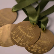 Brass Carousel Hanging Ornament – Laser-Etched Decor with Linen Yellow or Satin Green Ribbon | Luxury Christmas & Home Decor