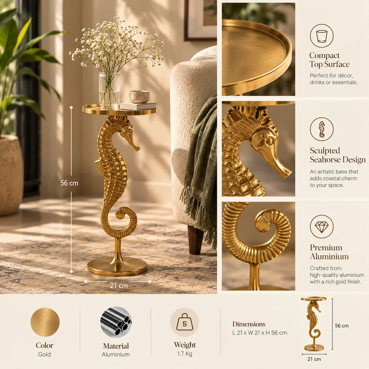 Gold Seahorse Side Table for Living Room | Coastal Theme Corner Table