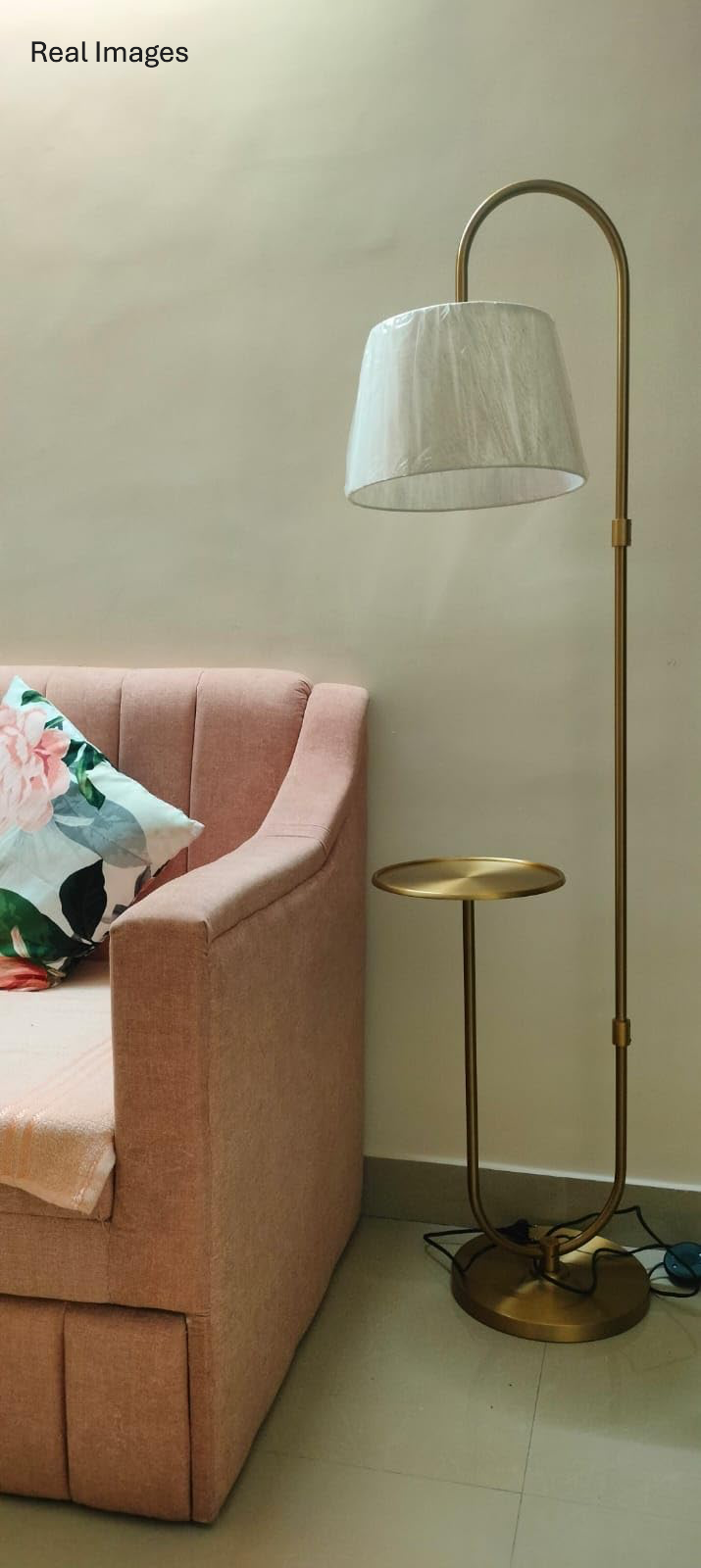 Brass Antique Curved Floor Lamp with Table Shelf for Living Room | Standing Lamp for Home Decor