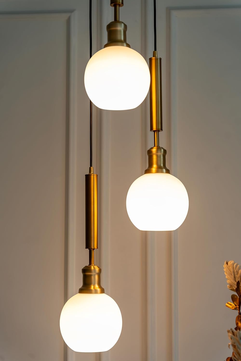 Triple Globe Hanging Pendant Light Antique Brass Finish with Frosted Milky White Glass for Living Room and Home Decoration