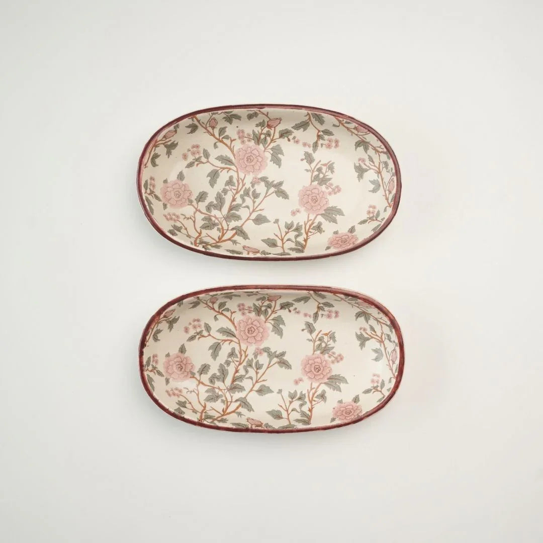 Handcrafted Stoneware Oval Serving Tray – Vintage Floral Ceramic Platter for Snacks, Desserts & Appetisers