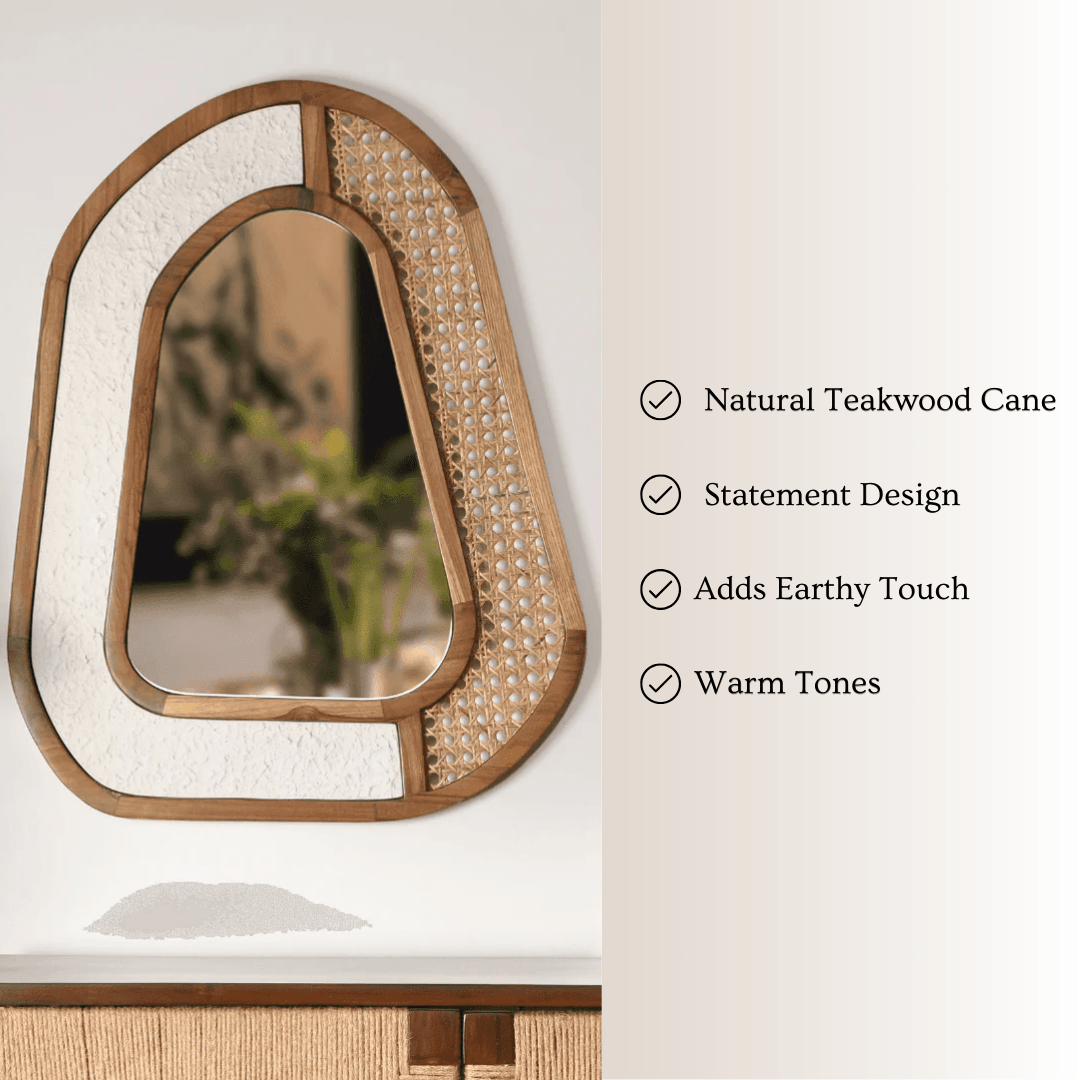 Pinnacle Natural Teakwood Cane Wall Mirror | Decorative Wall Mirrors for Living Room