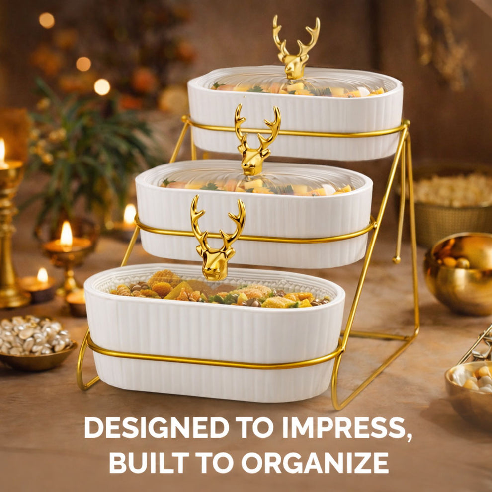 3 Tier Glass Fruit Basket with Metal Stand | Oval Tiered Fruit Basket & Snack Organizer | Detachable Dessert Stand for Kitchen Counter & Dining Table