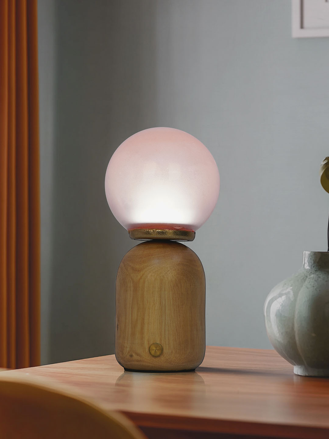 Contemporary Wood & Pink Glass Rechargeable Touch Table Lamp