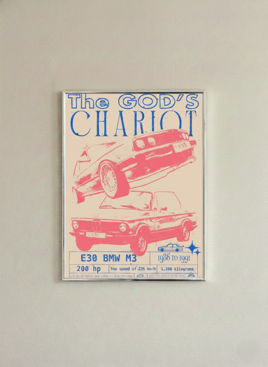 “The God’s Chariot” BMW E30 M3 Framed Wall Art | Retro Automotive Artwork for Home Decor