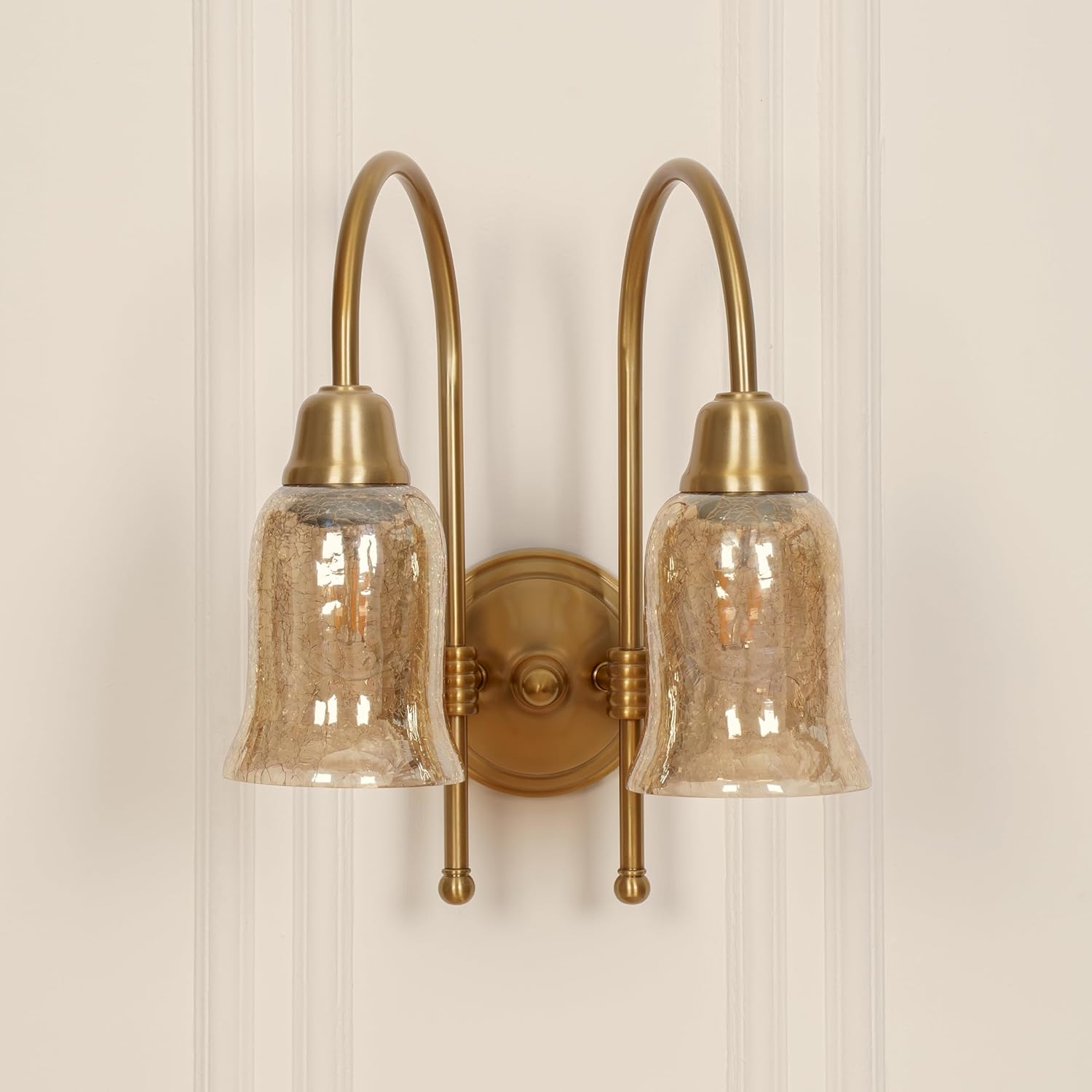 Double Hockey Wall Lamp Antique Brass Finish with Chimney Crackled Glass Shade for Living Room, Bedroom and Home Decoration