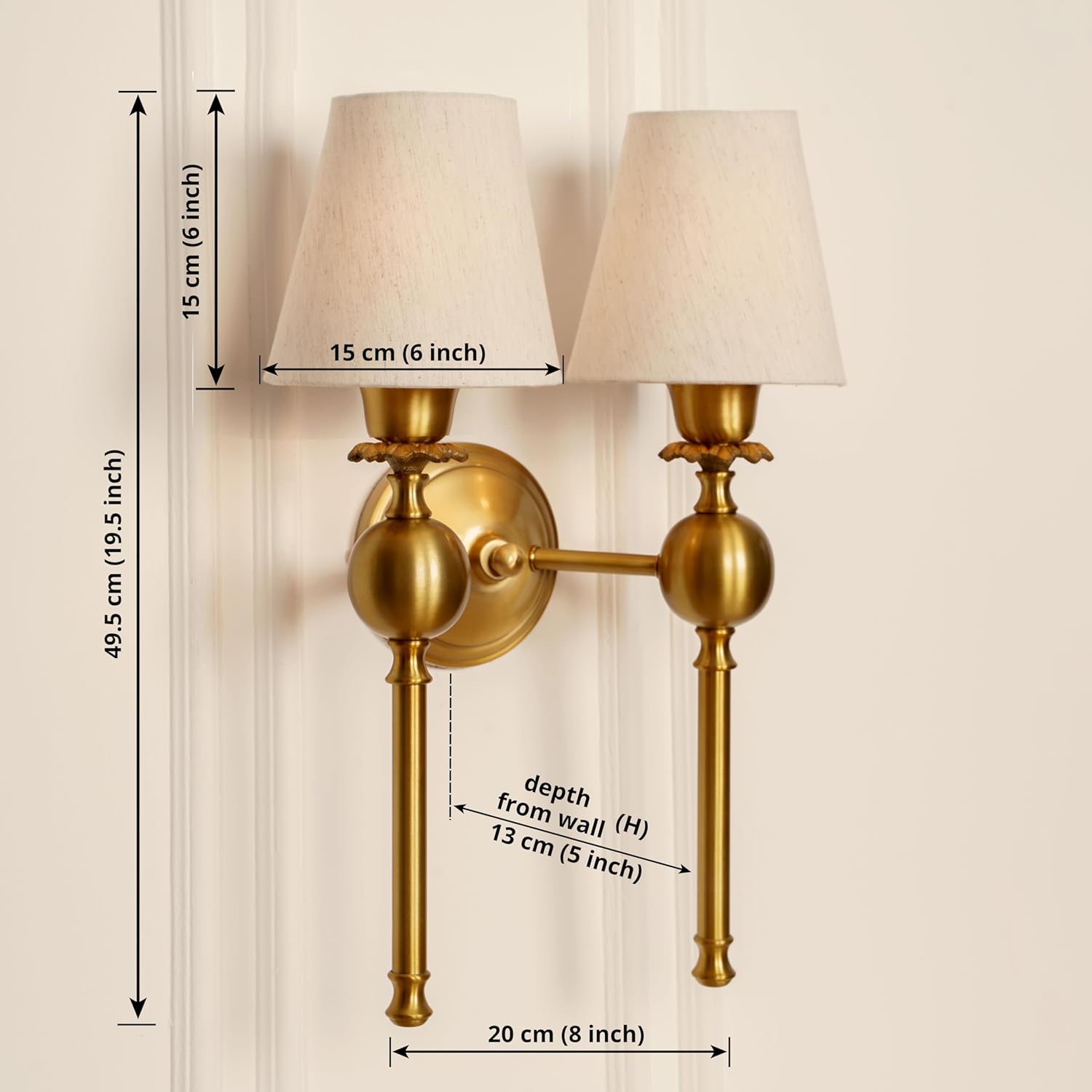 Double Ball Wall Lamp Antique Brass Finish with Off White Shade for Living Room, Bedroom and Home Decoration