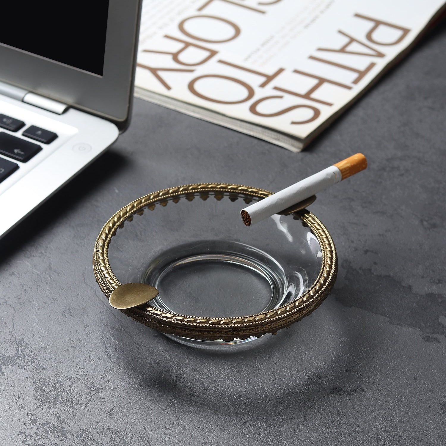 Crystal Ashtray with Brass Accent | Designer Ashtray for Home Décor