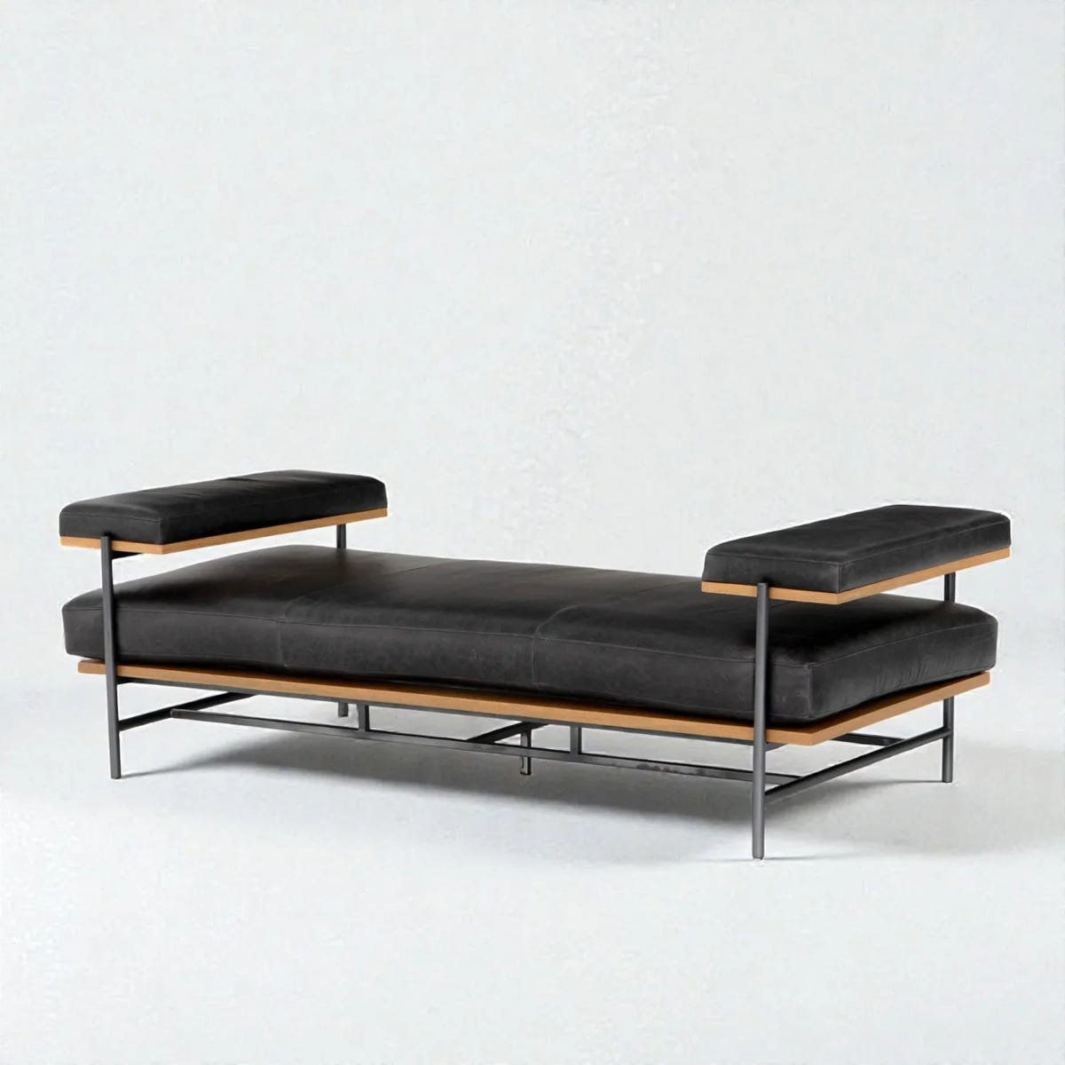 Tavrik Teak Wood, Faux Leather & Black Finish Metal Base Daybed/Chaise