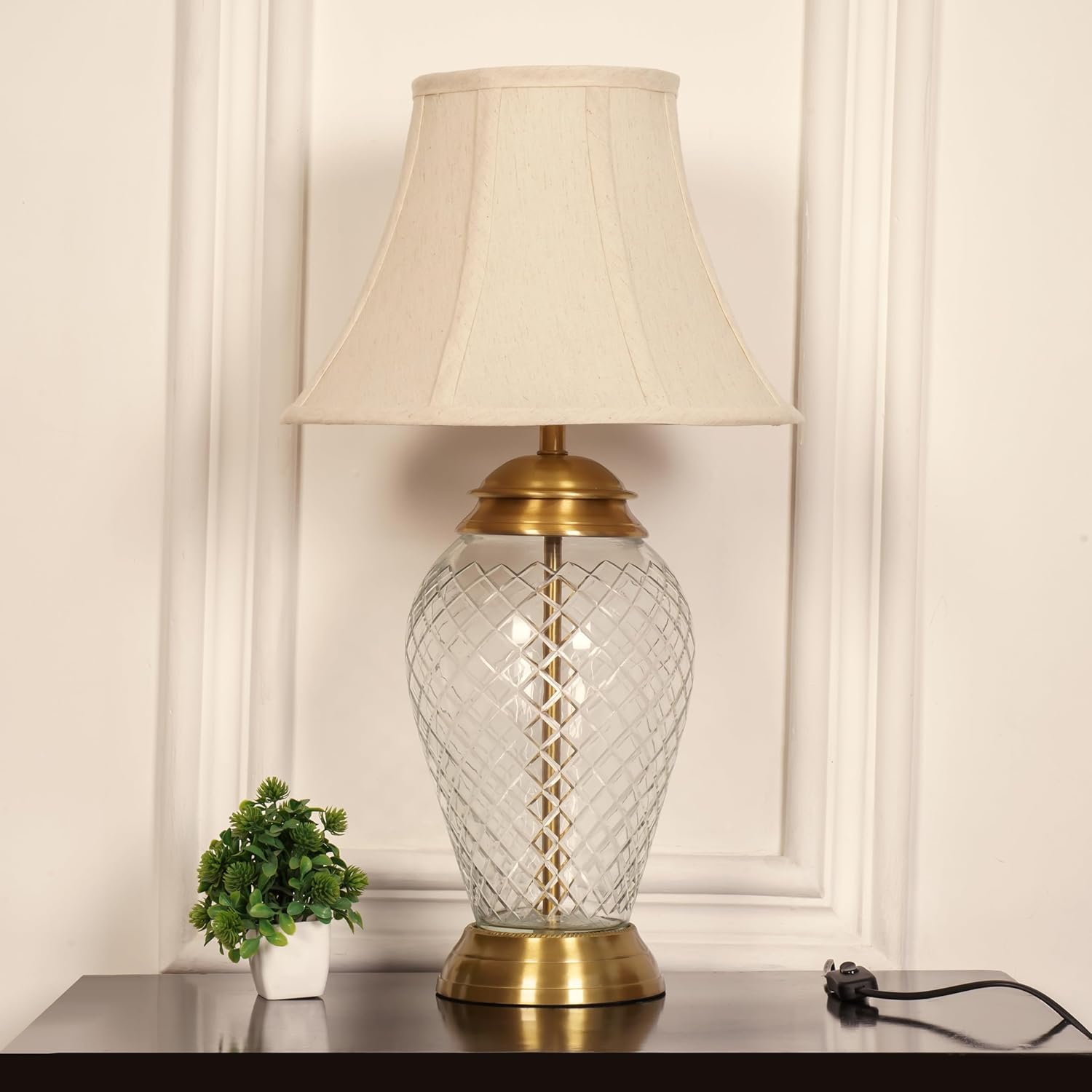 Royal Pure Brass Antique Finish And Diamond Cut Glass Table Lamp 23 Inches Height With Off White Bell 14 Inches Diameter Lampshade