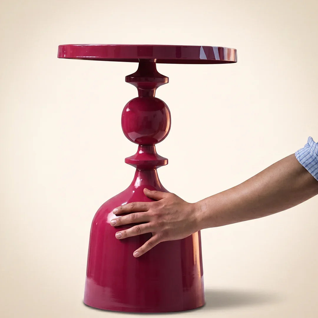 Ruby Red Iron Side Table | Glossy Metal Pedestal Accent Table for Living Room