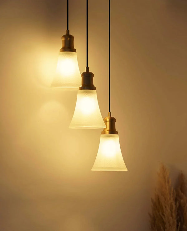 Triple Hanging Pendant Light Antique Brass Finish with Hammered Frost Glass for Living Room, Home Decoration