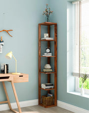 Honey Brown Wooden Corner Bookshelf | Acacia Wood Shelf for Living Room & Bedroom
