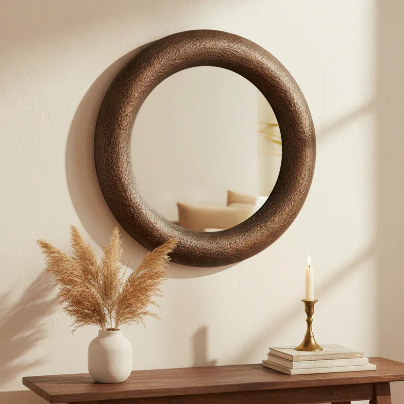 Round Metallic Hammered Mirror