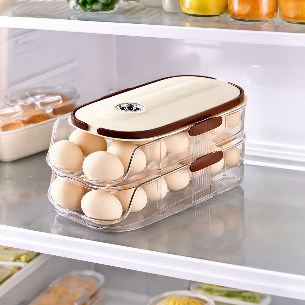 Egg Holder with Auto Rolling Design | Transparent Fridge Egg Dispenser Storage Organizer | Unbreakable, Space Saving Egg Container for Refrigerator Kitchen (2-Tier- Dubble Side)