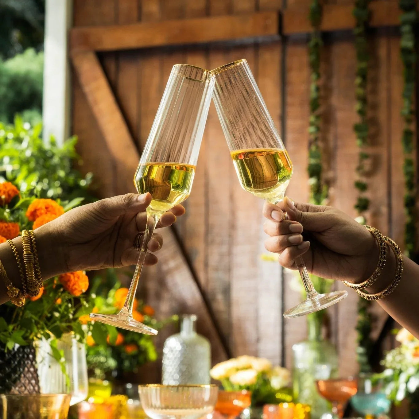 Clear Ribbed Champagne Glasses with Golden Rim Set of 6