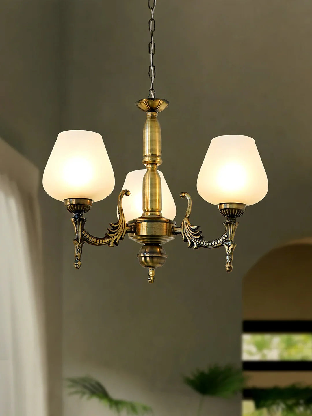 Antique Brass 16 Inch Wide Steel 3-Light Mini Ceiling Chandelier Hanging Light With Plain Frosted Goblet Glass Shades