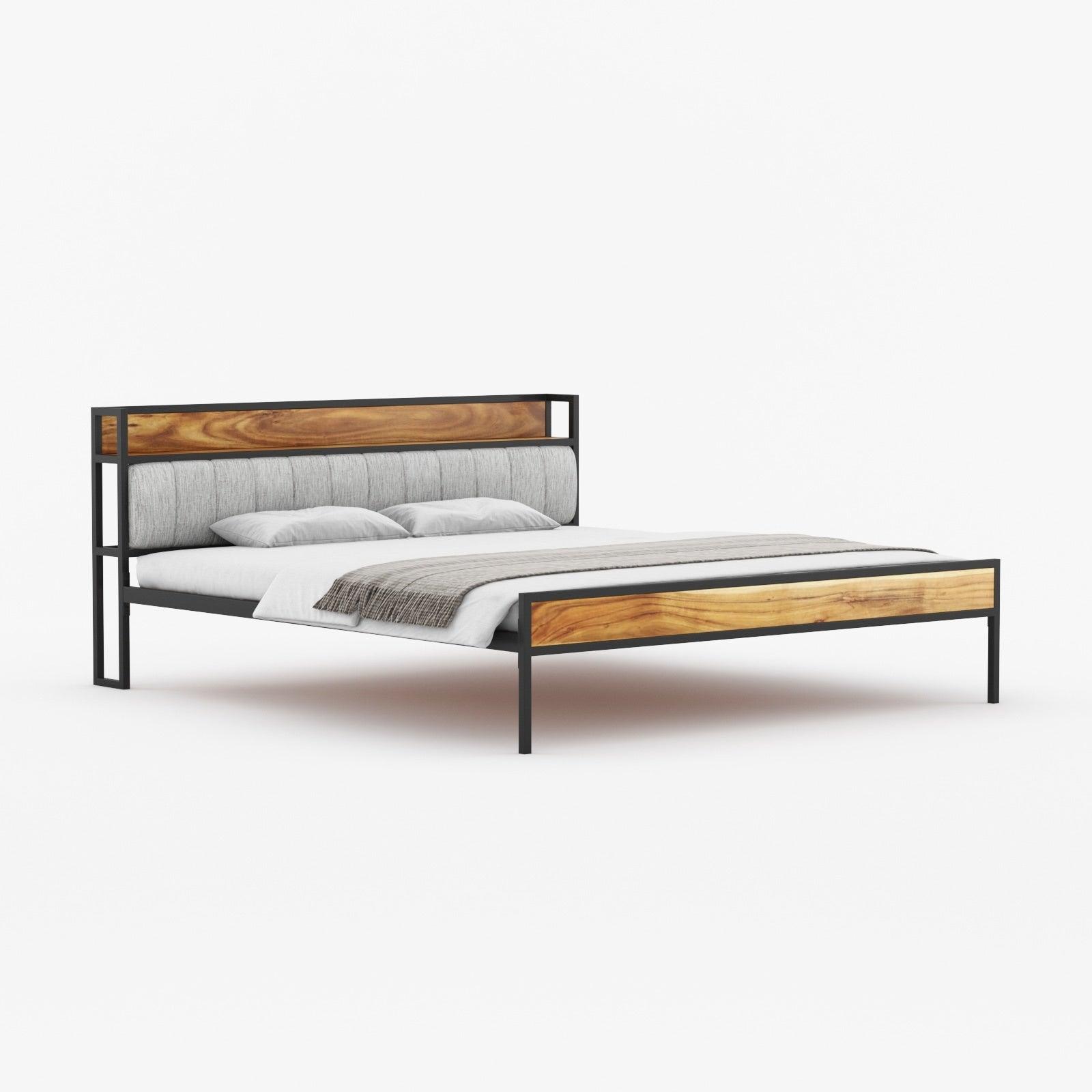 Pixel Wooden King Bed with Functional Headboard | Metal + Acacia Wood