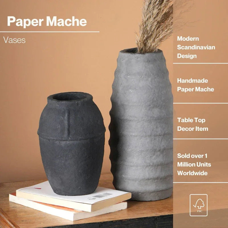 Black Paper Mache Vase | Handcrafted Decorative Flower Pot for Home & Office Decor