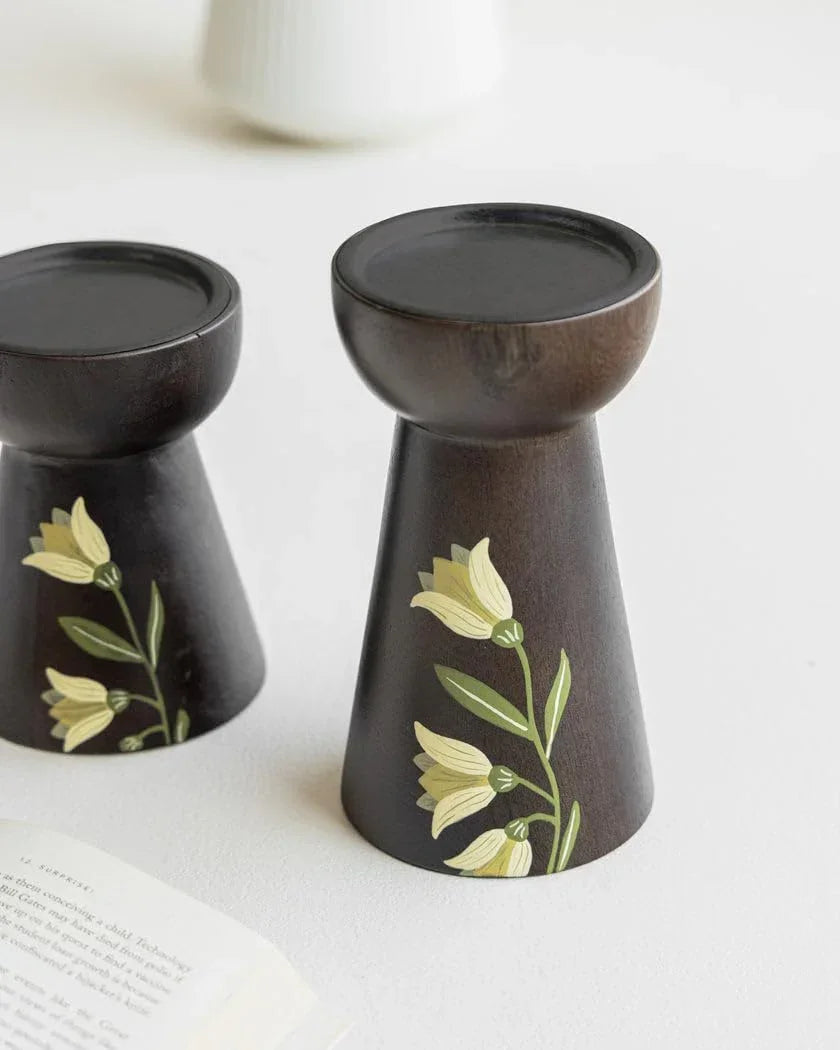 MIRRA Handpainted Wooden Candle Stand (Set of 2) without Candles | Mango Wood