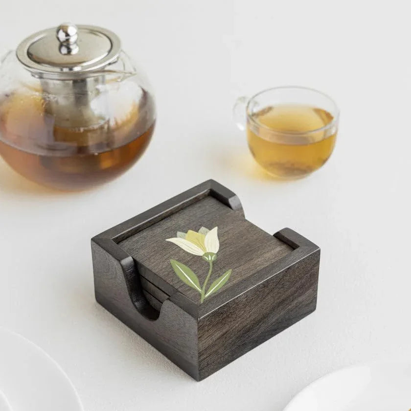 MIRRA Handpainted Wooden Coasters with Stand (Set of 4)  | Mango Wood