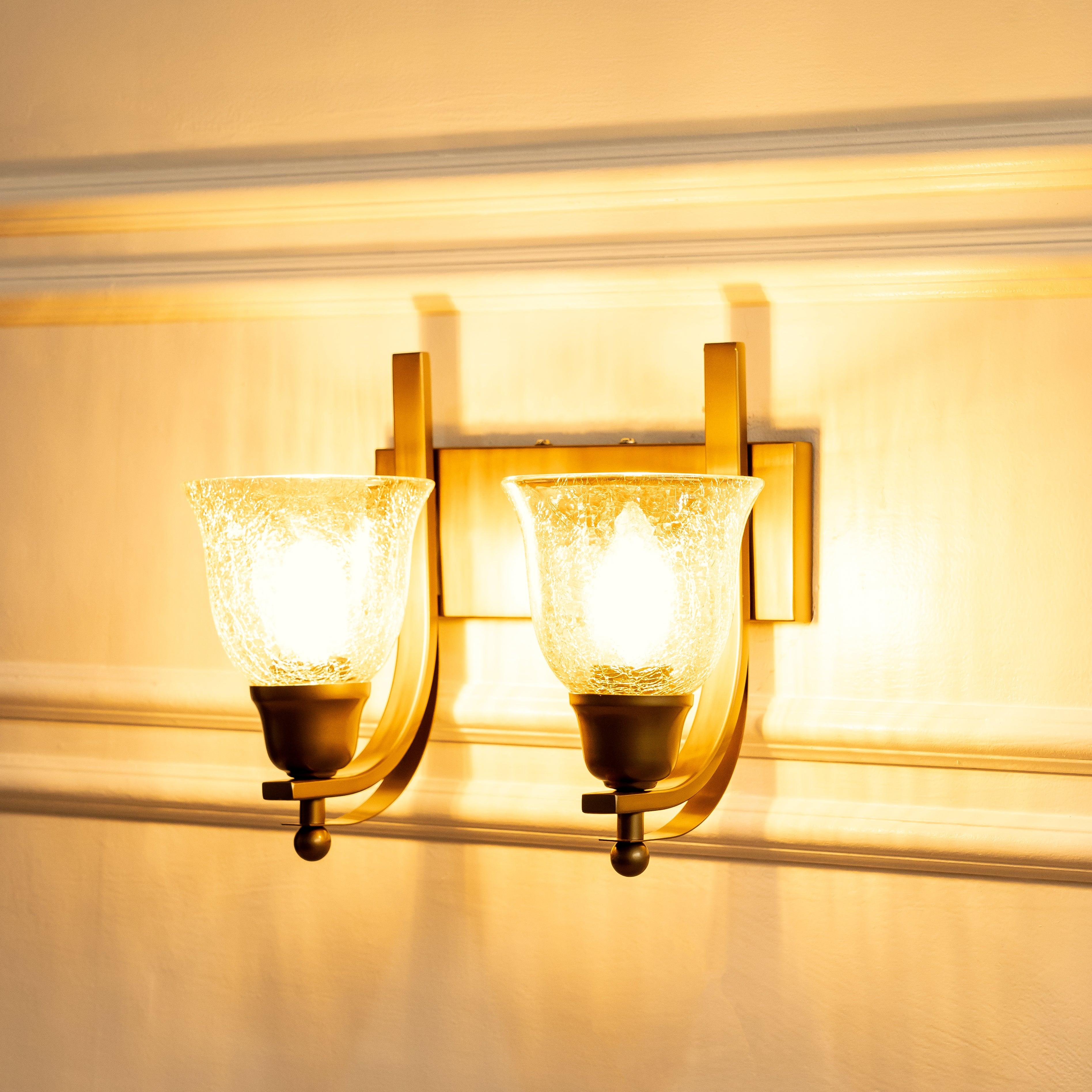 Brass Antique Finish Double J Wall Lamp with Glass Golden Luster Shade | Wall Light for Living Room