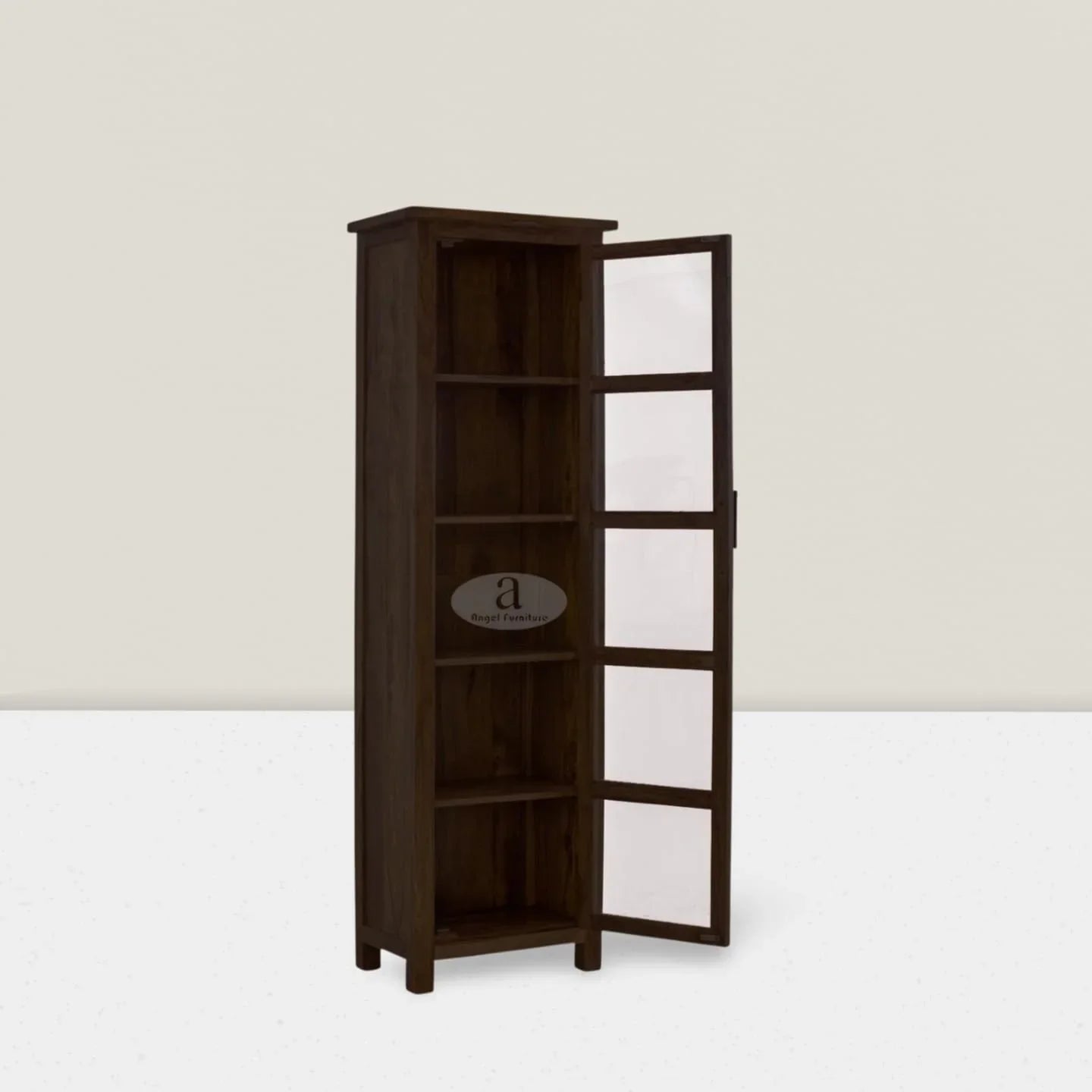 Sheesham Wood Baltimore Kitchen Cabinet Tall In Walnut Finish | Bookcase With Glass Door