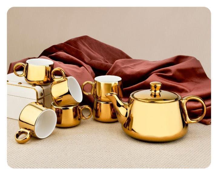 Golden Glazed Ceramic Kettle Set with 6 Cups | Ceramic Tea Set