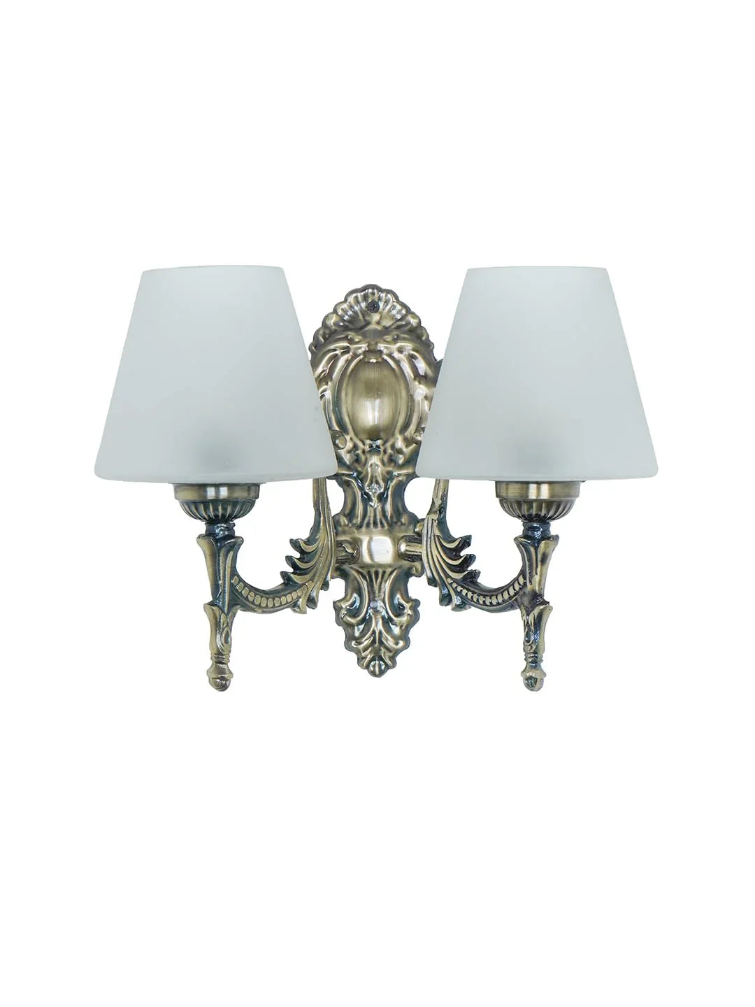 Antique Brass Finish 11 Inch 2-Light Steel Wall Lamp With Tapered Frosted Glass Shades