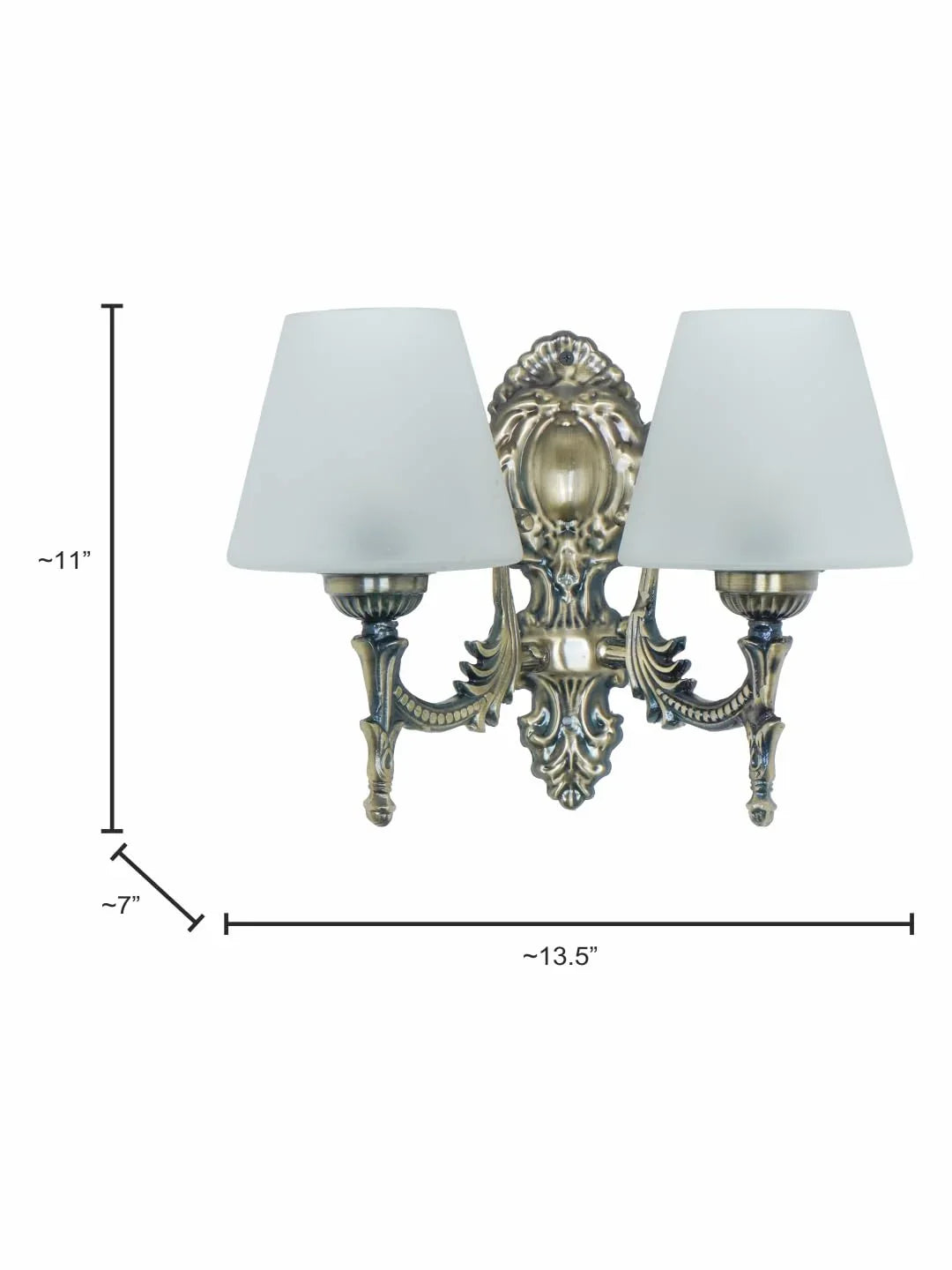 Antique Brass Finish 11 Inch 2-Light Steel Wall Lamp With Tapered Frosted Glass Shades