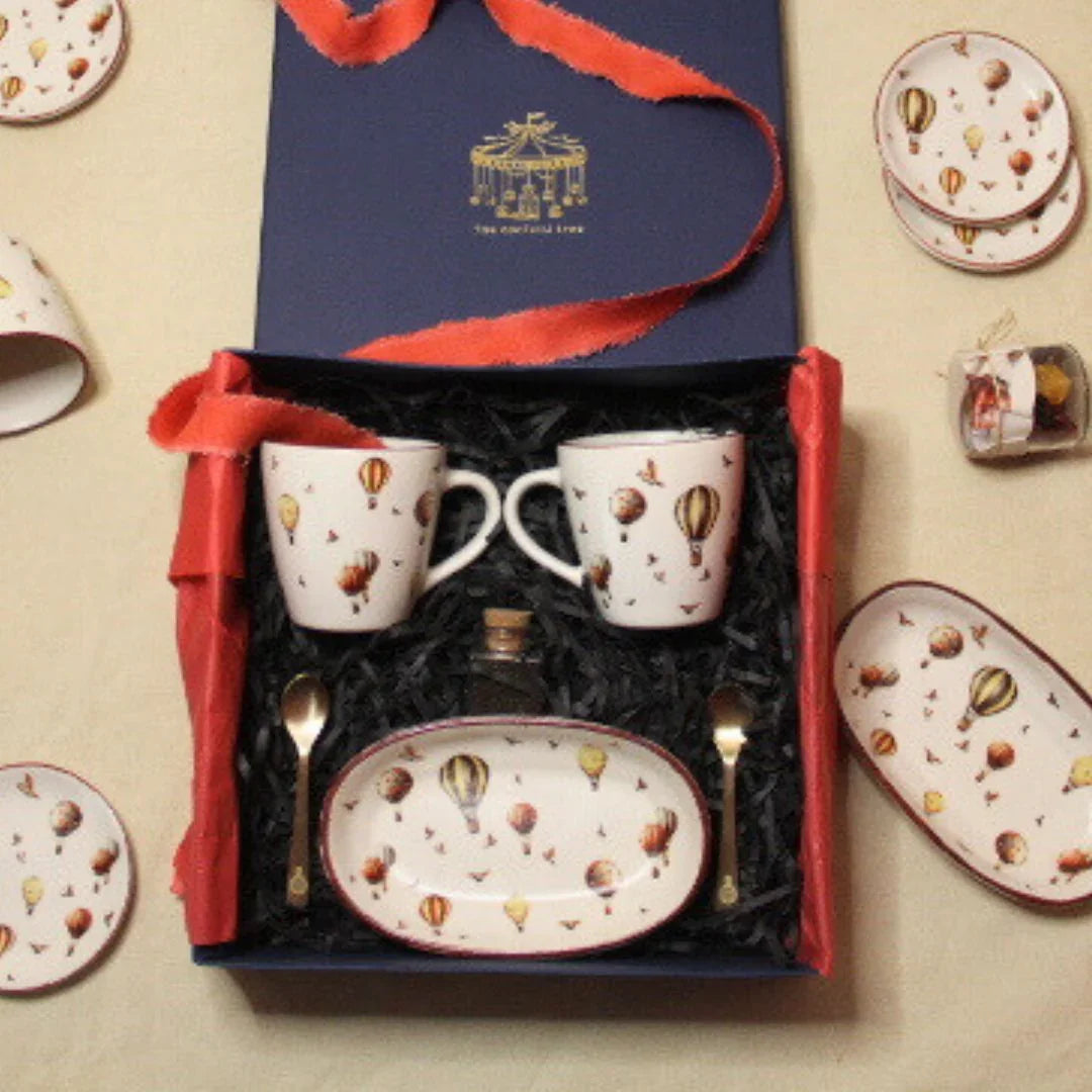 Whimsical Stoneware Gift Set of 6Pcs | Oval Platter, Mugs & Brass Spoons | Ideal for Corporate Gifting, Wedding Presents & Personal gifts