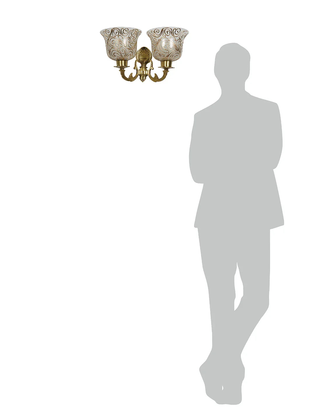 Traditional Twin Arm Antique Brass Wall Light with Frosted Glass Shades with Jaipuri designing on glass