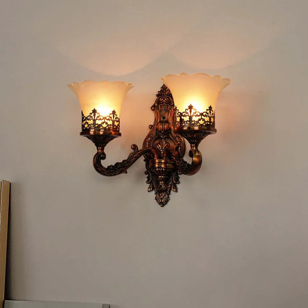 Antique Copper Double Light Wall Lamp | Glass Shade E27 Wall Sconce