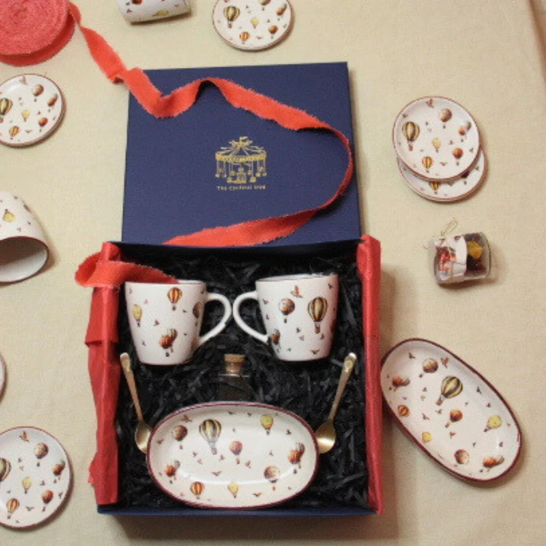 Whimsical Stoneware Gift Set of 6Pcs | Oval Platter, Mugs & Brass Spoons | Ideal for Corporate Gifting, Wedding Presents & Personal gifts