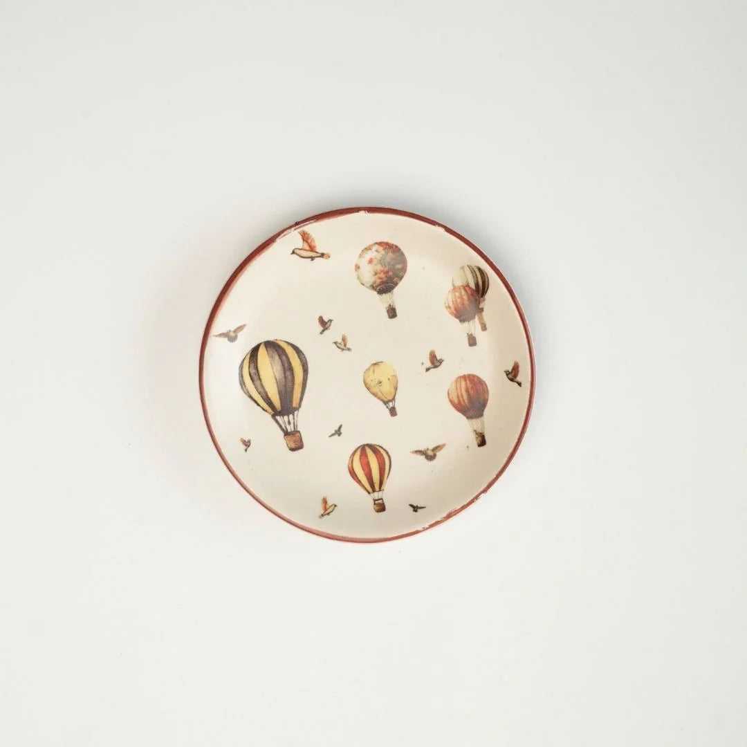 Handcrafted Stoneware Tea Plate – Vintage Hot Air Balloon Design | Ceramic Dessert & Snack Plate