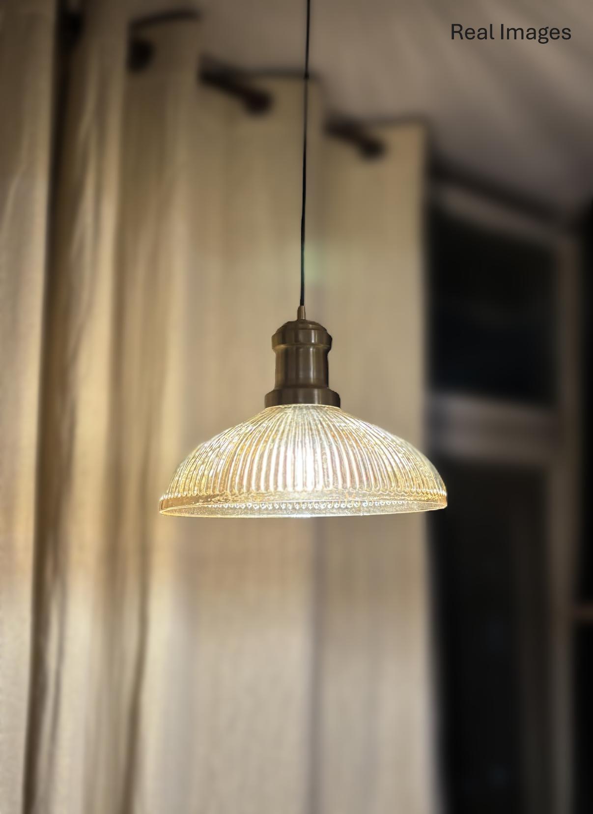 Ribbed Grey Luster Glass Pendant Light with Antique Brass Finish for Living Room, Bedroom, Kitchen and Dining