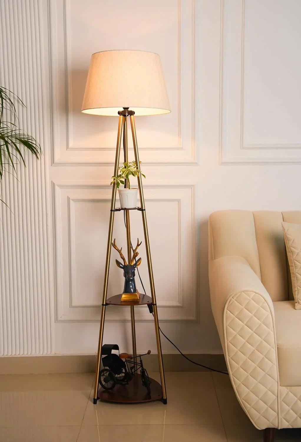 3 Shelves Floor Lamp with Shelf | Brass Antique Finish Standing Lamp for Living Room & Bedroom