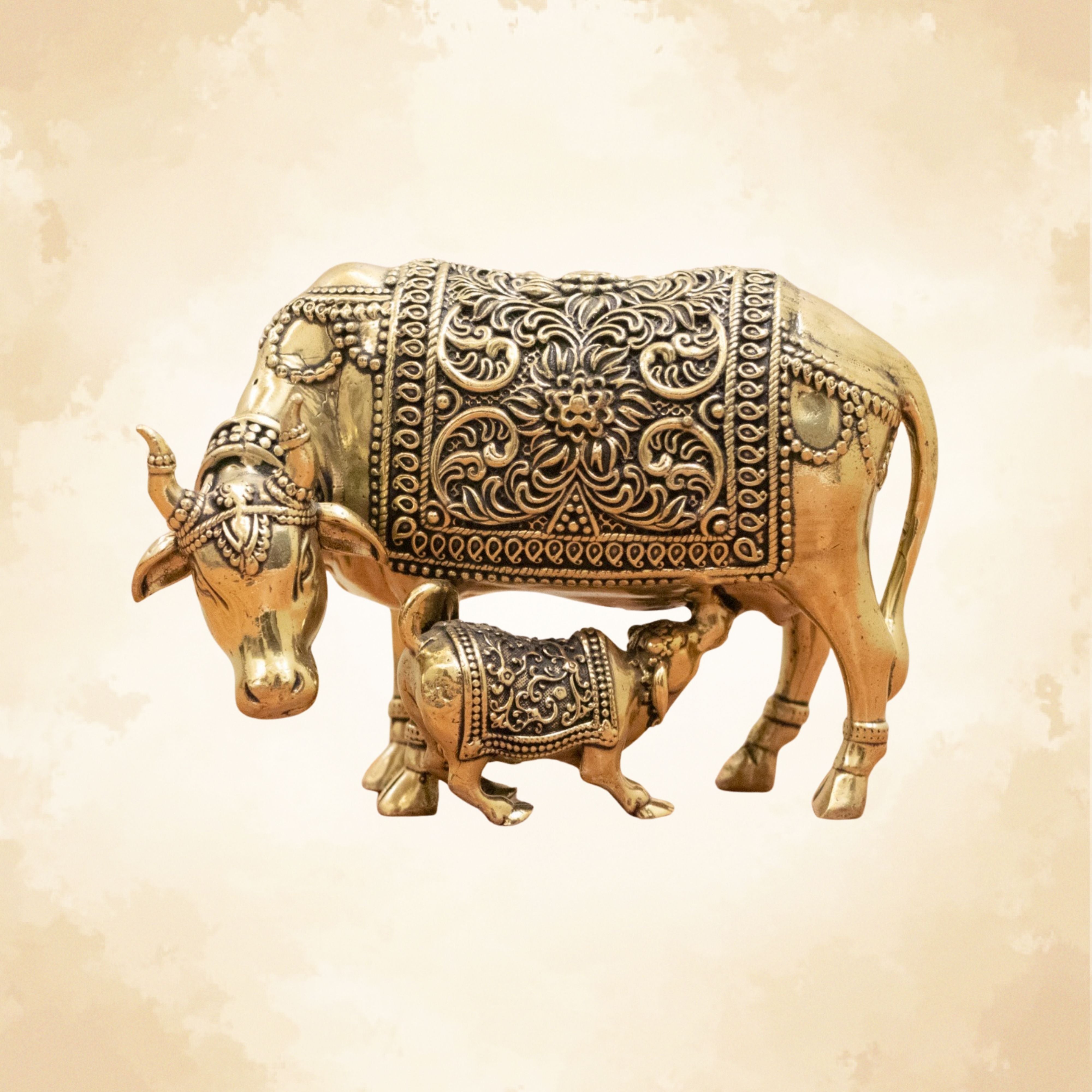 Divine Cow and Calf Brass Idol – Decor for Home Temple