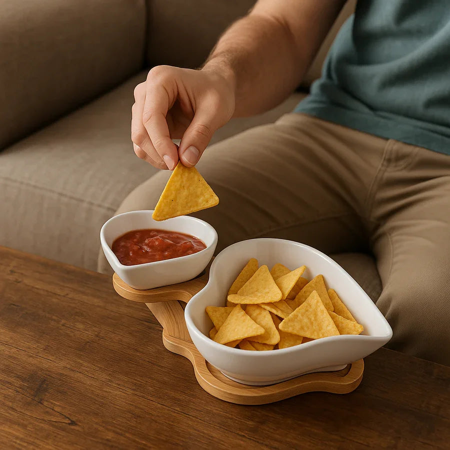 Heart Shaped Ceramic Bowl Set with Wooden Stand | Snack & Dip Server | Chips, Salsa & Dry Fruit Tray