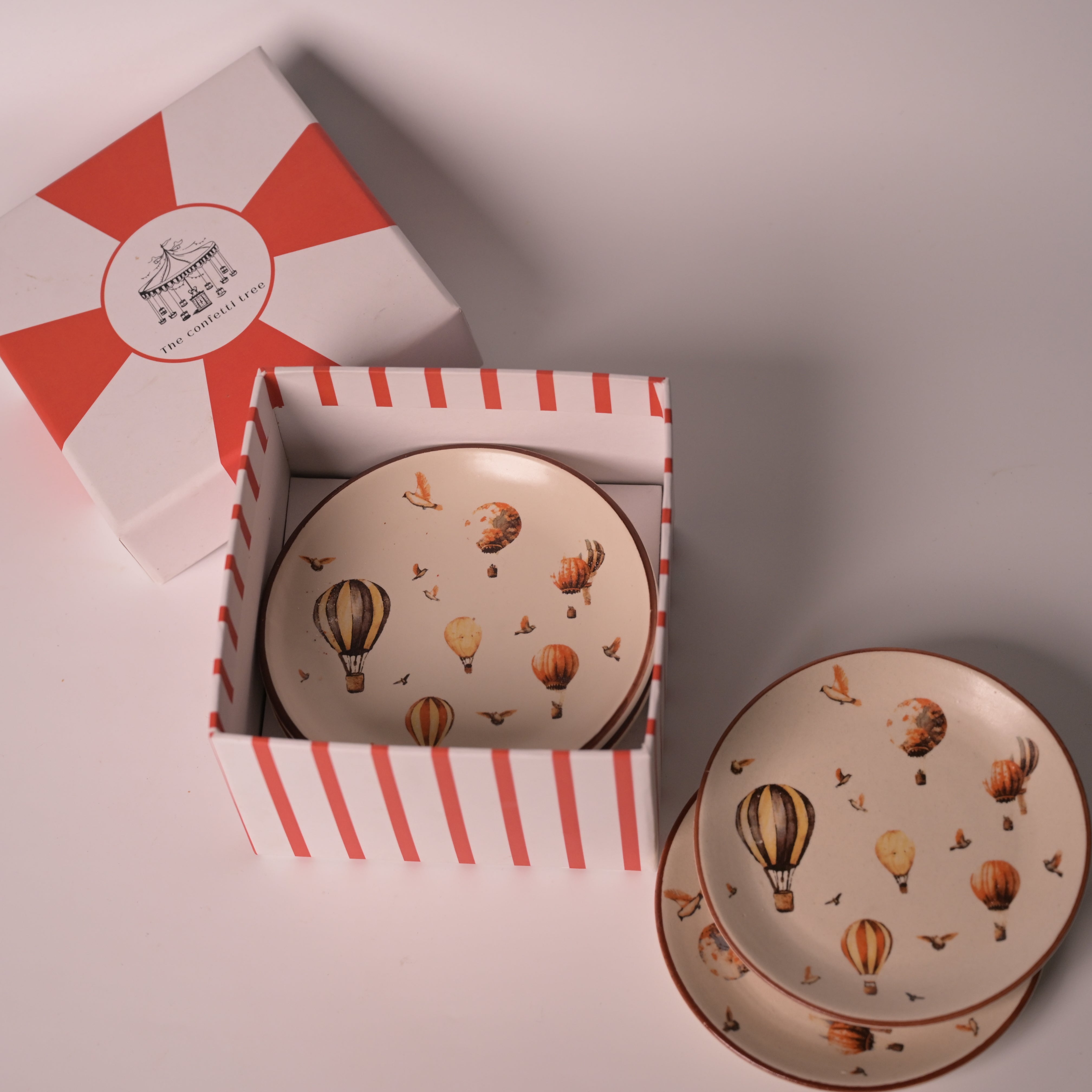 Hot Air Balloon Ceramic Tea Plates Gift Set (Set of 4) – Premium Gifting Box | Dessert Plates