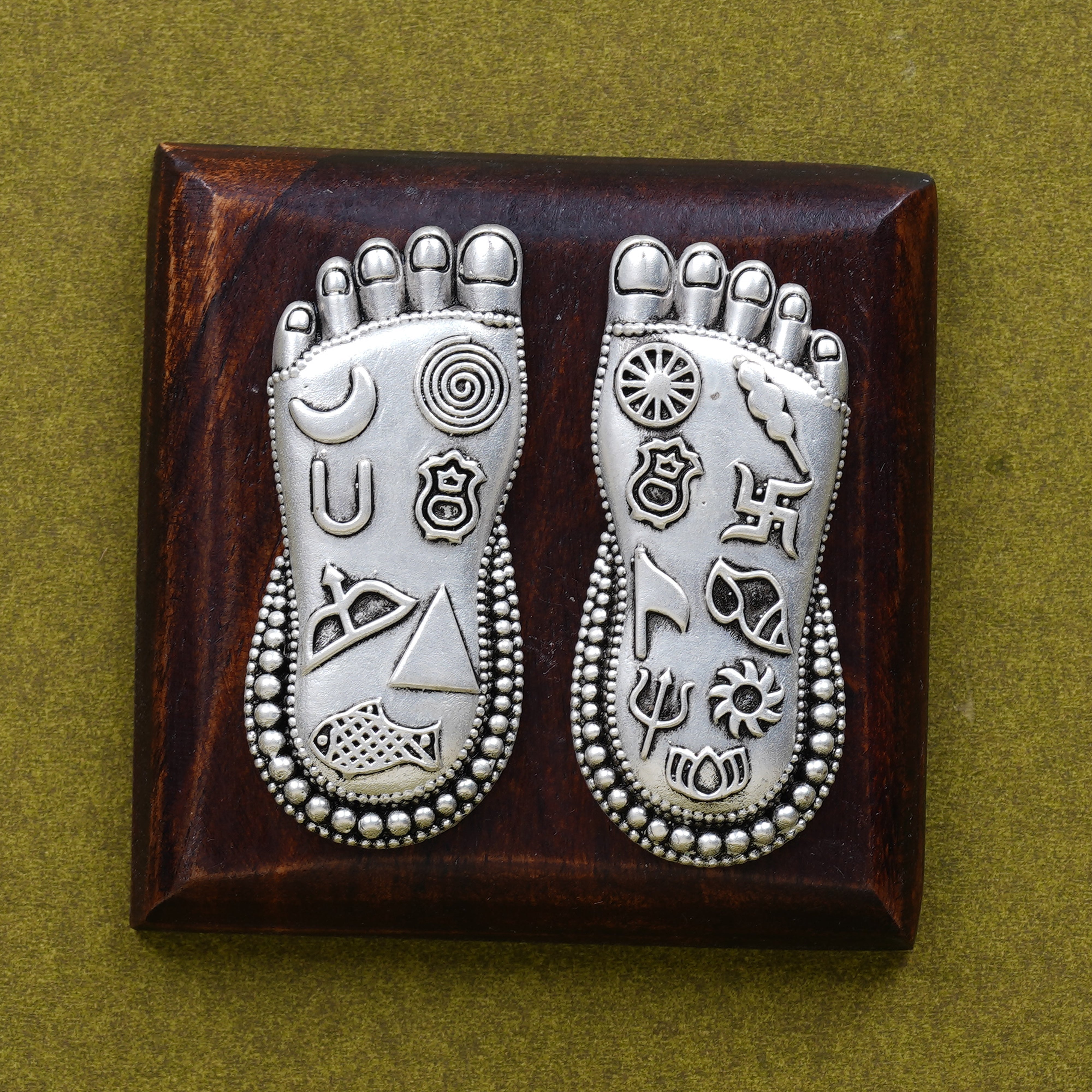 Silver Plated Brass Lakshmi Charan | Sacred Goddess Feet With Ashtamangala Symbols On Wooden Plank