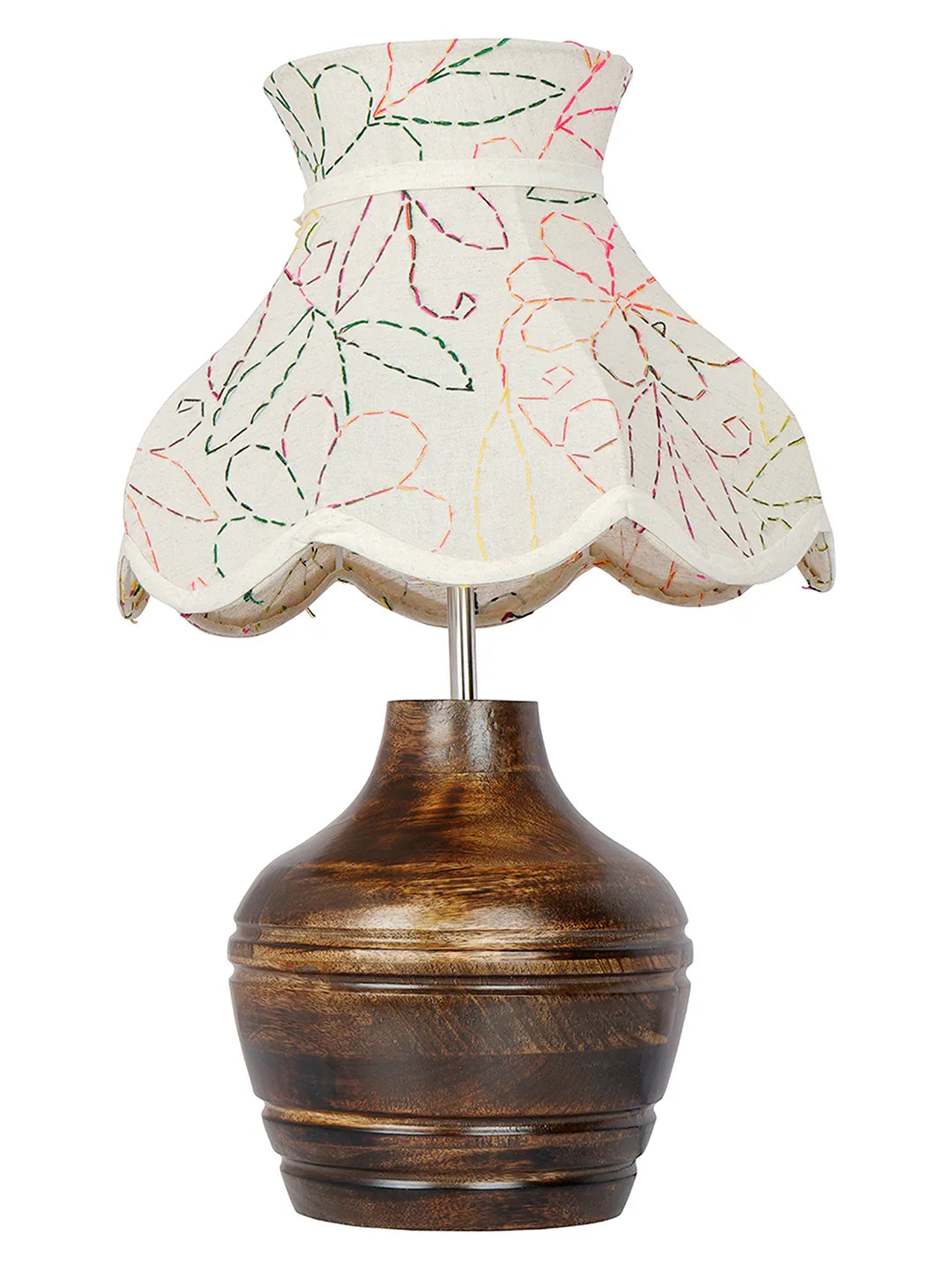 Ethnic Brown Wood Pot Table Lamp with Embroidered Scalloped Shade