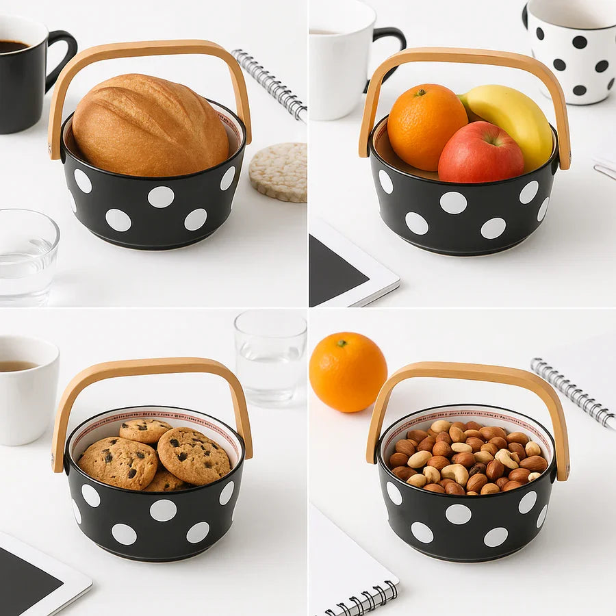 Polka Dot Ceramic Basket with Wooden Handle – Multipurpose Bowl for Snacks, Fruits & Décor