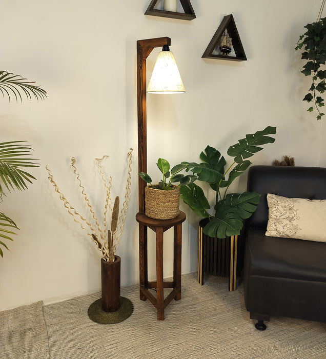 Accent Wooden Floor Lamp with Beige Fabric Lampshade