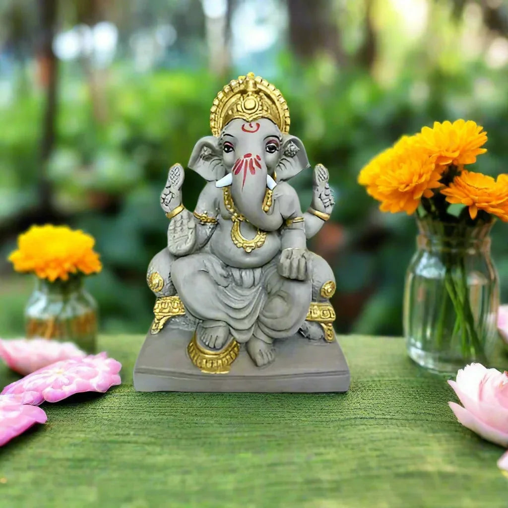 7 Inch Mukut Clay Eco Friendly Golden Touch Dagdusheth Ganesh ji