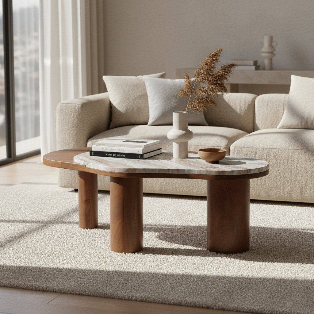 Aura Marble Coffee Table | Toronto Marble & Acacia Wood Center Table for Living Room