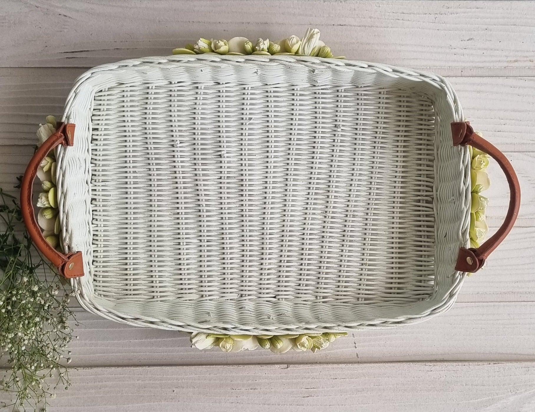 White Floret Leather Handle Basket