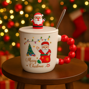 Christmas Ceramic Mug with Lid & Spoon | 350 ML Santa Mug with Red Handle | Merry Christmas Gift Cup for Coffee