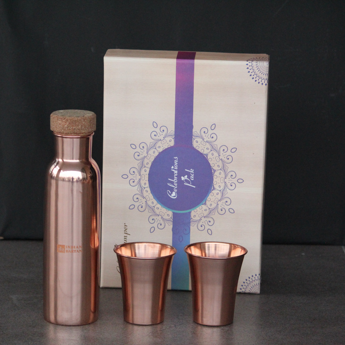 Glossy Straight Copper Bottle Set with Glasses | Tumbler Set & Drinkware Tamba Glass