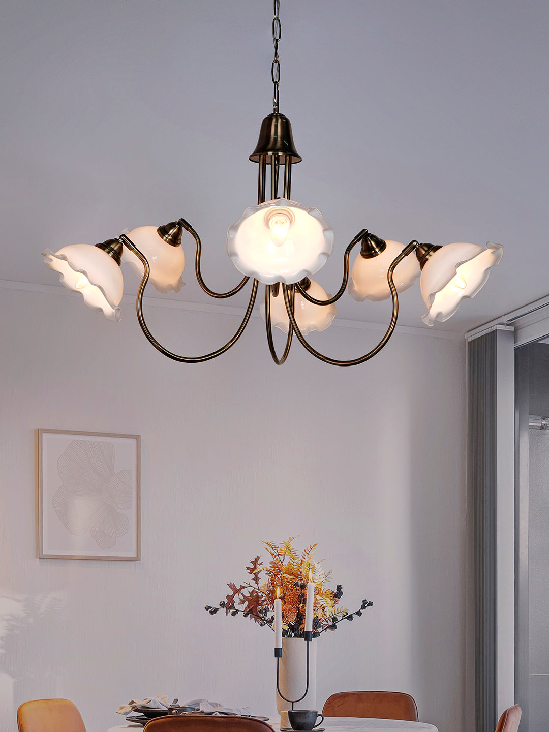 Adjustable Transitional Chandelier | 6-Light in White Frilled Glass